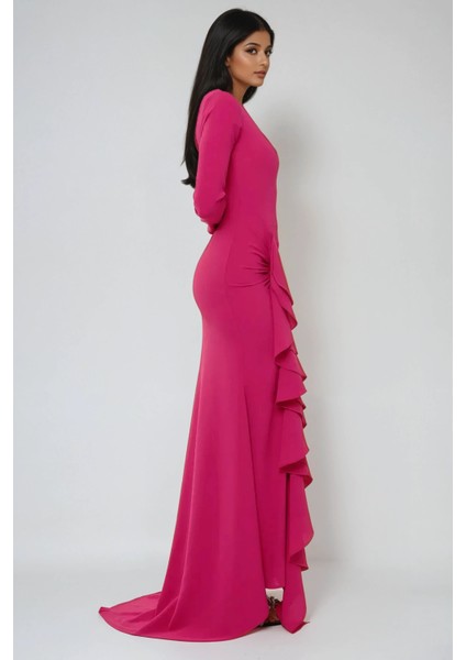 Kadın Özel Dikim Volanlı Maxi Elbise Neon Pembe modelleri