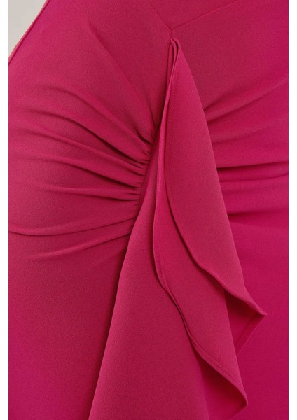 Kadın Özel Dikim Volanlı Maxi Elbise Neon Pembe