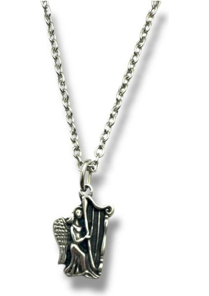 Arp Çalan Melek Desen Unisex Kolye – Ilahi Huzur ve Sanatsal Ruh Temalı Metal Zincirli Aksesuar