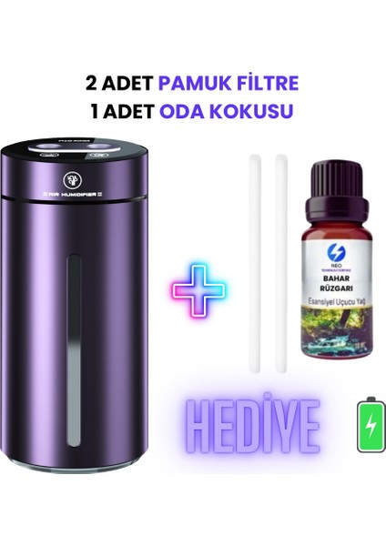 Şarjlı Metal Kasa H2O Humidifier Hava Nemlendirici | 380ML Kapasite | Araba ve Ev Modlu Premium Model | 2 Filtre ve 1 Adet Koku Hediye - Convoy