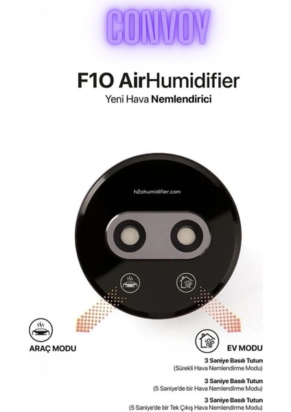 Şarjlı Metal Kasa H2O Humidifier Hava Nemlendirici | 380ML Kapasite | Araba ve Ev Modlu Premium Model | 2 Filtre ve 1 Adet Koku Hediye - Convoy modelleri