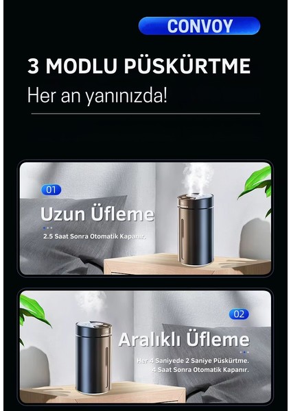 Şarjlı Metal Kasa H2O Humidifier Hava Nemlendirici | 380ML Kapasite | Araba ve Ev Modlu Premium Model | 2 Filtre ve 1 Adet Koku Hediye - Convoy indirimleri