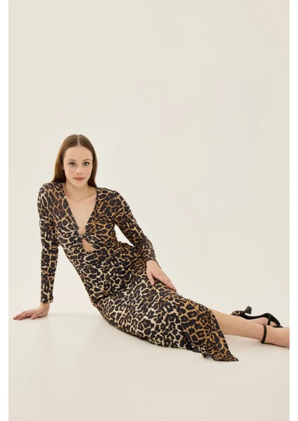 Kadın Leopar Desenli Bodycon Uzun Elbise, Yırtmaçlı Brown