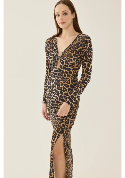 Kadın Leopar Desenli Bodycon Uzun Elbise, Yırtmaçlı Brown fiyatları