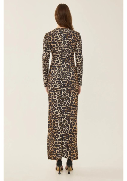 Kadın Leopar Desenli Bodycon Uzun Elbise, Yırtmaçlı Brown indirimleri