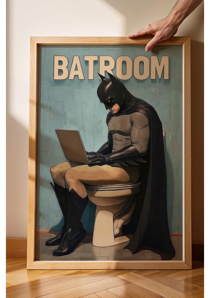 Tuvalette Laptop Kullanan Batman Çerçeveli Tablo - Wc Tuvalet Için Tablo