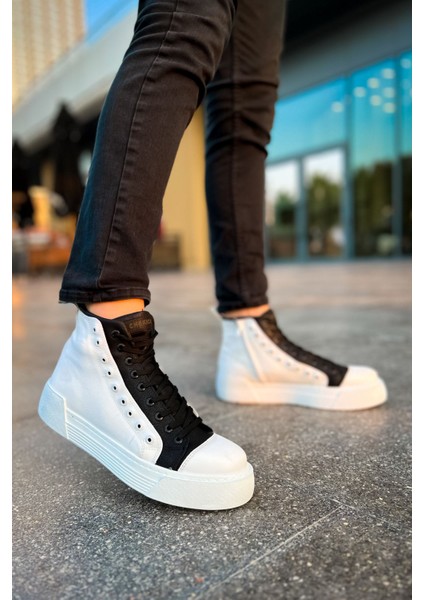 Fermuarlı Bağcık Detaylı Erkek Sneaker Bot Beyaz Siyah