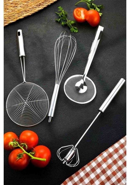 4parça Çelik Kevgir Kepçe Süzgeç Yağ Kızarma Çörek Maşası Çırpıcı ve Basmalı Çırpıcı