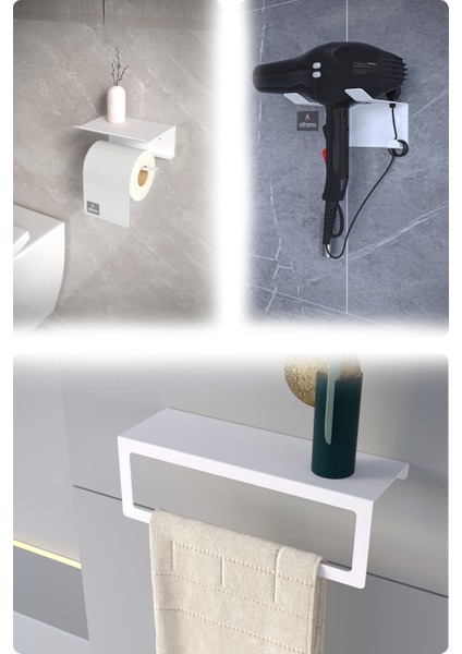 Modern 3’lü Set | Raflı Tuvalet Kağıtlığı, Havlu Askılığı, Rulo Kağıt Havlu Askılığı + Fön Makinesi Tutucu | Paslanmaz, Yüksek Taşıma Kapasiteli