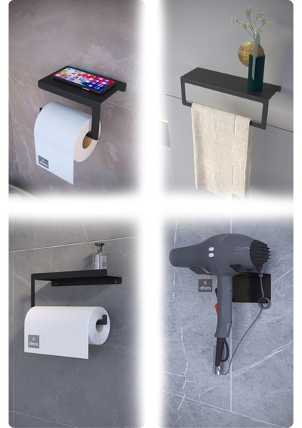 Metal 4’lü Set | Tuvalet Kağıtlık, Havlu Askısı, Kağıt Havluluk ve Fön Makinesi Tutucu | Paslanmaz, Yüksek Taşıma Kapasiteli, Banyo & Mutfak Için