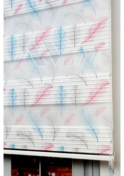 Pembe Mavi Kuş Tüyü Baskılı Plise Zebra Perde - Feather - Dijital Baskılı Zebra Stor Perde