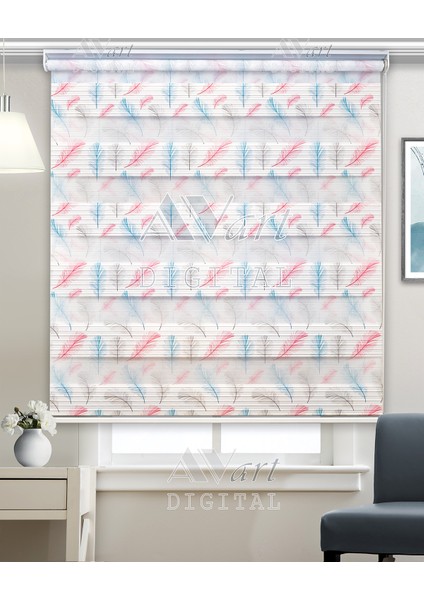 Pembe Mavi Kuş Tüyü Baskılı Plise Zebra Perde - Feather - Dijital Baskılı Zebra Stor Perde fiyatları