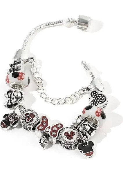 Pandora Tarz , Dissey, Minnie Mause Renkli Kalp Charmlı Bileklik, Ahşap Kutu Içerisinde