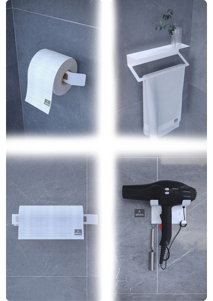 Metal 4’lü Set | Tuvalet Kağıtlık, Havlu Askısı, Kağıt Havluluk ve Fön Makinesi Tutucu | Paslanmaz, Yüksek Taşıma Kapasiteli, Banyo & Mutfa