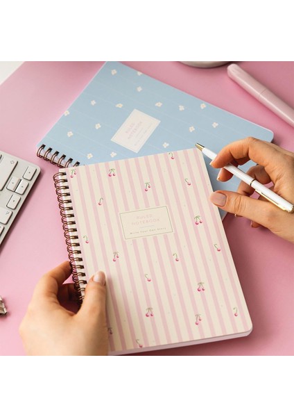 A5 Spiralli Karton Kapak Çizgili Okul Defteri 80 Yaprak 2'li Set - Ders Programlı - Kiraz