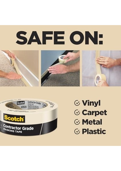 Müteahhit Sınıfı Maskeleme Bandı, Tan, Genel Kullanım Için Bant, Çok Yüzeyli Yapışkan Bant, 1.88 Inç x 60.1 Yards, 3 Rulo fiyatları