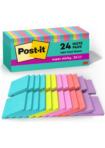 Süper Yapışkan Notlar, 24 Not Defteri, 3x3 Inç, 2 x Yapıştırma Gücü, Okul Malzemeleri ve Ofis Ürünleri, Dikey Yüzeyler Için Yapışkan Notlar, Monitörler, Duvarlar ve Pencereler, Süpernova Neons