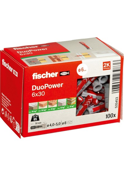 Duopower 6 x 30, Evrensel Dübel, Güçlü 2 Bileşenli Dübel, Beton, Tuğla, Taş, Alçı Karton Vb. Sabitlemek Için Plastik Dübel, Vidasız, 100 Adet