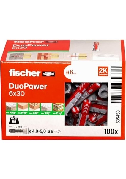 Duopower 6 x 30, Evrensel Dübel, Güçlü 2 Bileşenli Dübel, Beton, Tuğla, Taş, Alçı Karton Vb. Sabitlemek Için Plastik Dübel, Vidasız, 100 Adet modelleri