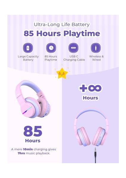 LED Işıklı Güvenli Ses Sınırlı 85 Saat Oynatma Süreli Bluetooth Çocuk Kulaklığı Renkli modelleri