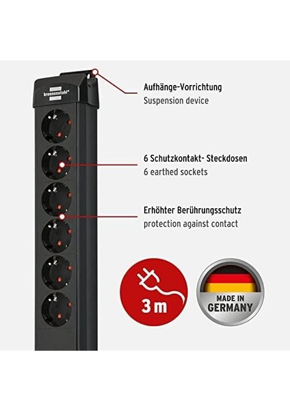 Premium-Line 6'lı Grup Priz, 60.000 A'ya Kadar Yüksek Gerilim Korumalı (Anahtarlı ve 3 M Kablolu Çoklu Priz, Duvar Montajı, Alman Malı) Siyah modelleri
