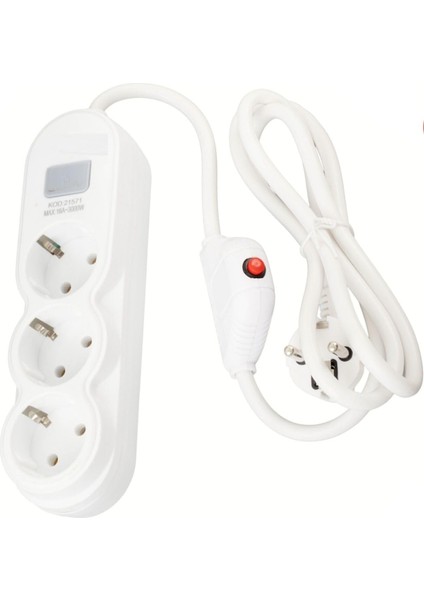 Anahtarlı 1,5 Metre Kablolu 16AMPER 3000W Ledli Yüsek Akım Şok Korumalı Topraklı 3 Lü Grup Priz, Beyaz