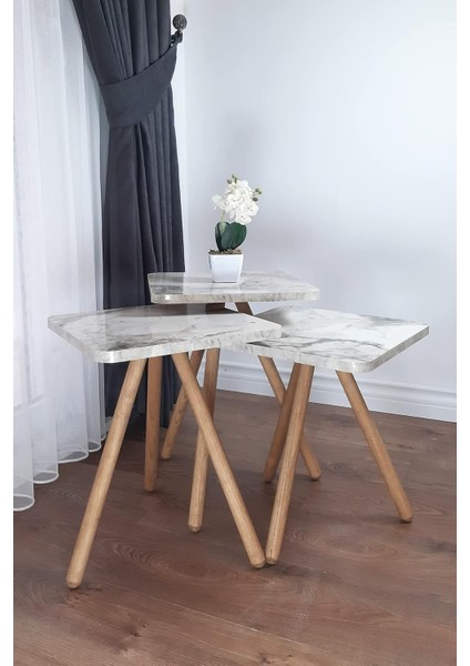 Zigon Sehpa Ahşap Ayaklı Kare Mermer Desenli Tasarım (Beyaz Mermer)