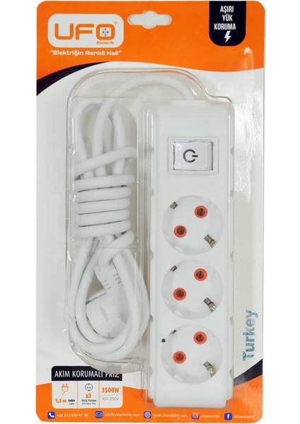 3lü Akım Korumalı Priz 1,5 Metre Kablolu Grup Priz, Max 3500W Aşırı Yük Koruması 3lü Uzatma Kablosu Çoklu Priz (Beyaz)