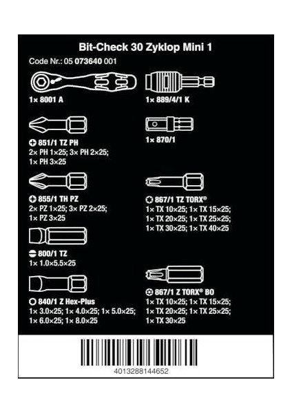 Uç Çeşitleri Bit-Check, 30 Zyklop Mini 1, 31 Parça, 05073640001 modelleri