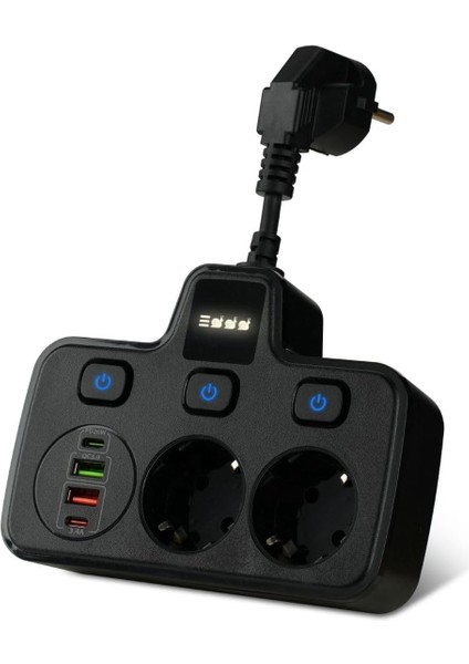 Akım Korumalı 2x USB ve 2x Type-C Portlu 3 Anahtarlı Ikili Priz Hızlı Şarj Özellikli Duvar Tipi Kısa Kablolu 2li Priz (Siyah)