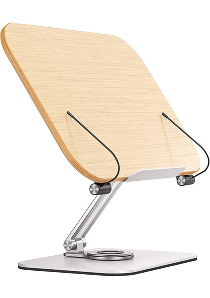 Profesyonel Kitap Okuma Tutucu Ders Çalışma Sunum Standı Kaliteli Karbon Çelik ve Ahşap Malzeme 360 Derece Döner Yüksekliği ve Açısı Ayarlanabilir Tablet Tutucu Kullanım TM13 Açık Kahve