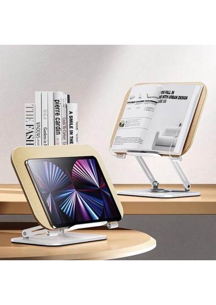 Profesyonel Kitap Okuma Tutucu Ders Çalışma Sunum Standı Kaliteli Karbon Çelik ve Ahşap Malzeme 360 Derece Döner Yüksekliği ve Açısı Ayarlanabilir Tablet Tutucu Kullanım TM13 Açık Kahve modelleri