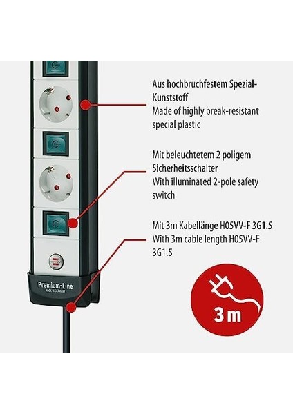 Premium-Line, Teknik Çoklu Priz, Tek Tek Çalıştırılabilir Prizler (3 M Kablo) Ile, Renk: Siyah/açık Gri fiyatları