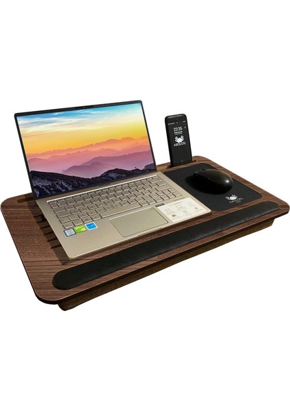 Telefon ve Tablet Bölmeli Minderli Laptop Sehpası Notebook Bilgisayar Çalışma Masası, Antik Meşe