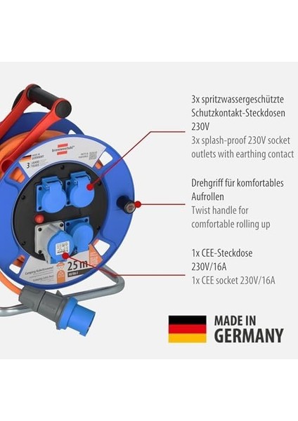 Camping Serisi IP44 Lisanslı Emniyet Şalterli 3 Yıl Garantili 25 Metre Uzatmaya Sahip Makaralı Kablo H07RN-F 3g2.5 modelleri