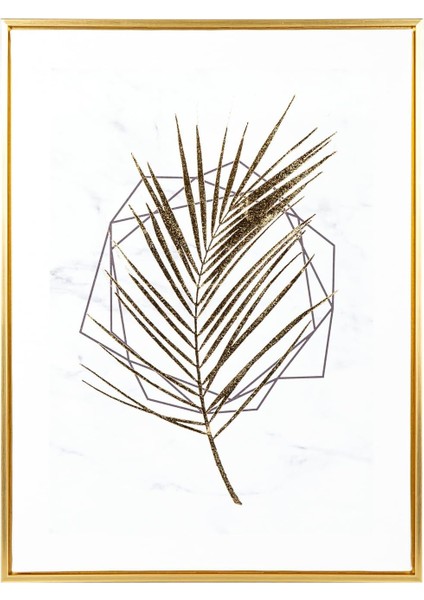 Gold Renk Ahşap Çerçeveli Gold Kabartmalı Palmiye Yaprağı Kanvas Tablo Gold-Beyaz 45X2,5X60 Cm.