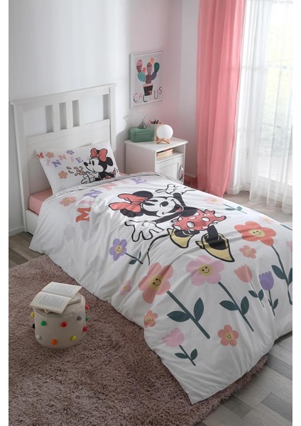 Minnie Mouse Flowers Tek Kişilik Lisanslı Lastikli Fitted Çarşaf Çocuk Nevresim Takım