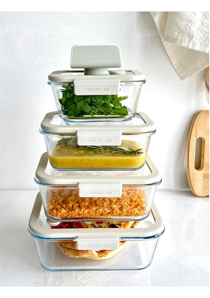 Glace Vakumlu Cam Saklama Kabı Seti Bej 5 Parça