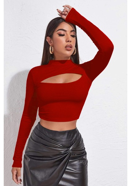 Kadın Kırmızı Göğüs Dekolteli Uzun Kollu Cut Out Crop Top Bluz
