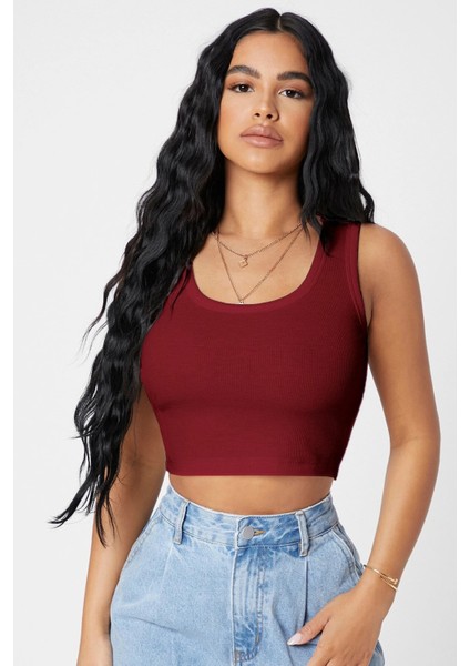 Kadın Bordo Kare Yaka Crop Top Bluz