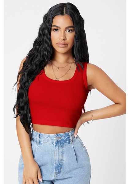 Kadın Kırmızı Kare Yaka Crop Top Bluz fırsatları
