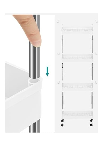 Arabası, 4 Seviyeli Mutfak Arabası, Mutfak Rafı, Tekerlekli Niş Rafı, Banyo Rafı, Yerden Tasarruf Sağlayan, Beyaz modelleri