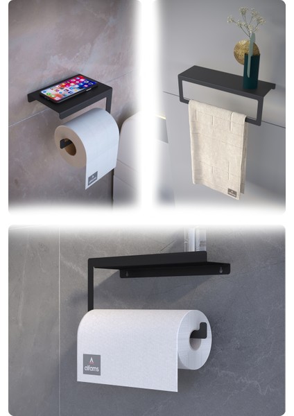 Modern 3’lü Set | Raflı Tuvalet Kağıtlığı, Havlu Askılığı ve Rulo Kağıt Havlu Askılığı | Paslanmaz Metal, Yüksek Taşıma Kapasiteli
