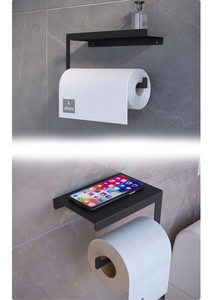 Metal Modern Şık Kağıt Havlu Askılığı ve Tuvalet Kağıtlığı Ikili Set | Paslanmaz, Yüksek Taşıma Kapasiteli, Askı + Raf Kullanım, Uzun Ömürlü