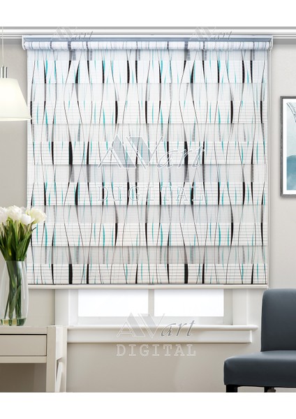 Mavi Siyah Çizgiler Baskılı Plise Zebra Perde -Wave Lines - Dijital Baskılı Zebra Stor Perde fiyatları