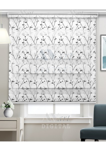 Siyah Gri Ağaç Dalı Silüeti Baskılı Plise Zebra Perde - Dijital Baskılı Zebra Stor Perde fiyatları