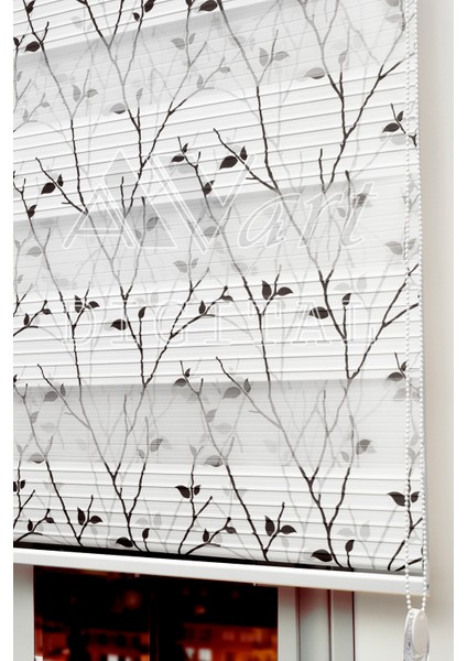 Siyah Gri Ağaç Dalı Silüeti Baskılı Plise Zebra Perde - Dijital Baskılı Zebra Stor Perde