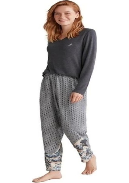 Nautıca W618 Kadın Patlı V Yaka Uzun Kollu Pijama Takımı