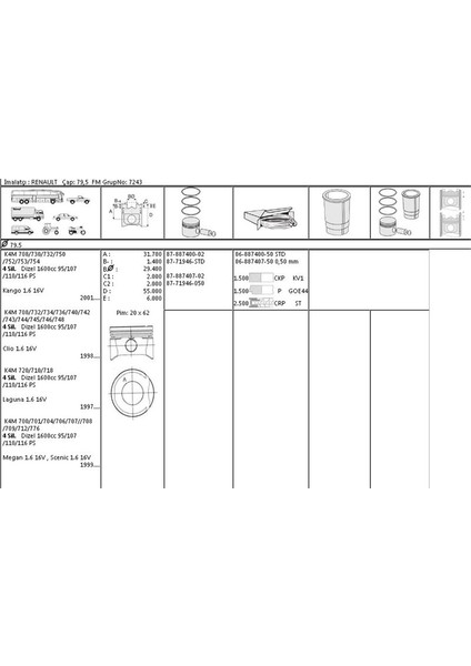 GOET8771946050000G - Segmanlı Piston 79.5mm 050 Megane I 1.6 16V K4M