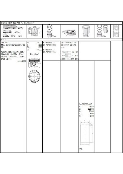 GOET40210800G - Gomlek 70.8 mm Std Palıo Albea 1.2 8V 16V